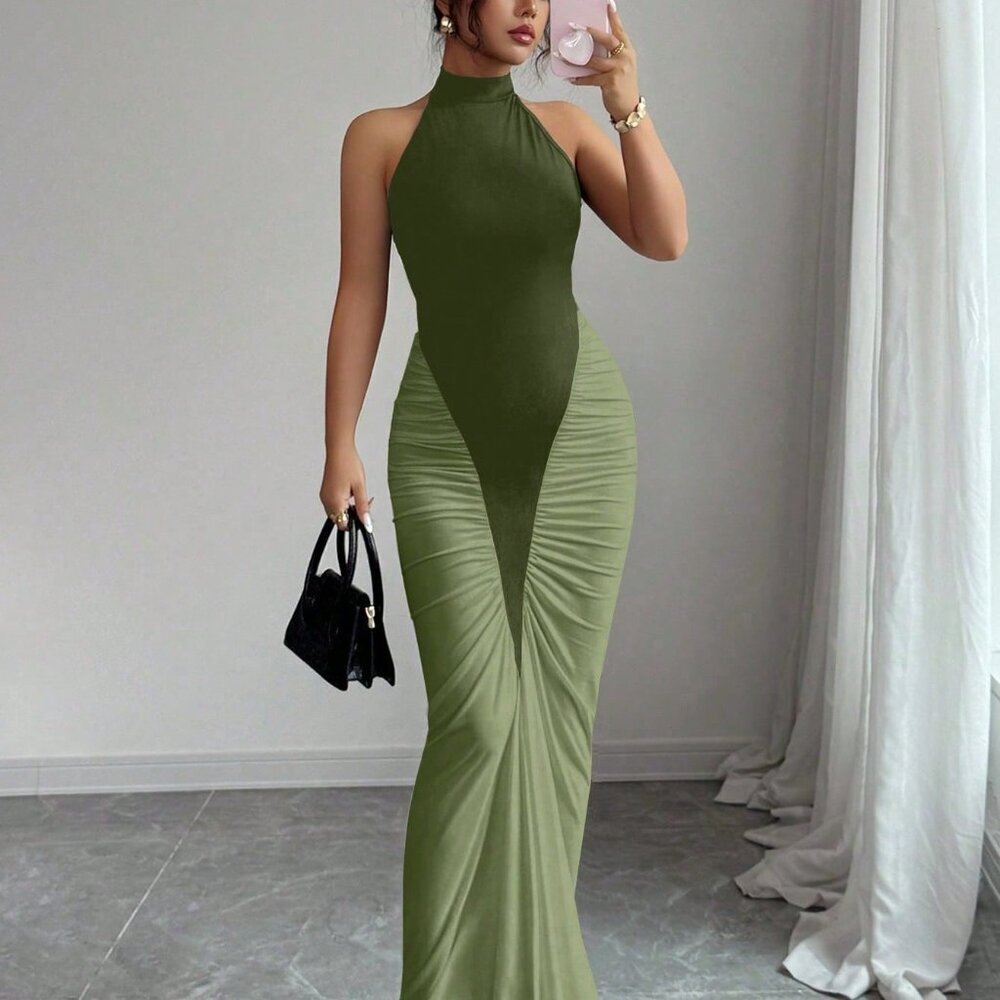 Army Green Elegant Women's Halter Neck Color Block Cinched Waist Fishtail Dress